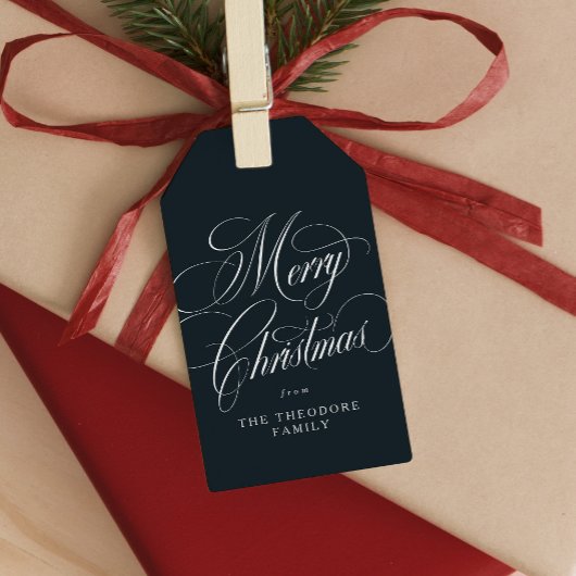 Prettig kerstfeest elegante marineblauwe feestdage cadeaulabel