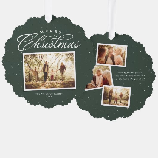 Prettig kerstfeest elegante vier foto collage groe ornament kaart (Voorkant / Achterkant)