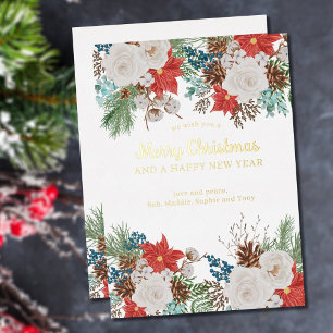 Prettig kerstfeest en nieuwjaar Poinsettia Pijnboo Folie Feestdagenkaart