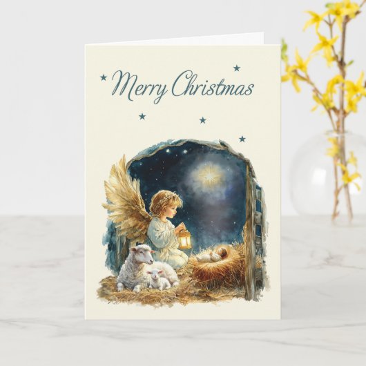 Prettig kerstfeest engel bij de kribbe kaart (Gele Bloem)