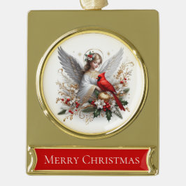 Prettig kerstfeest – Engel met Kardinaal Verguld Banner Ornament