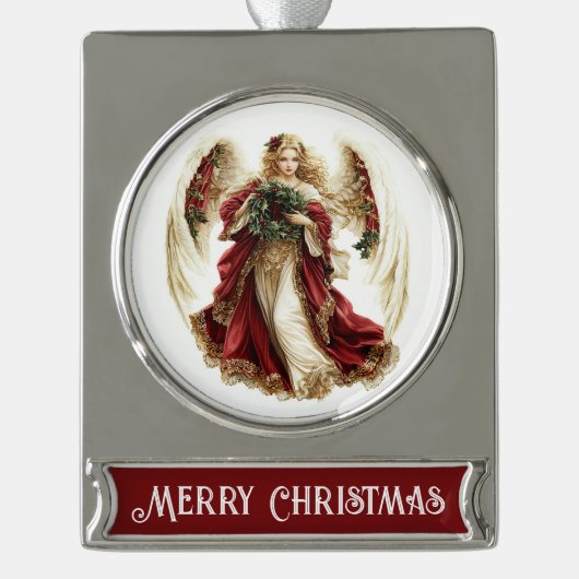 Prettig kerstfeest – Engel Verzilverd Banner Ornament (Voorkant)