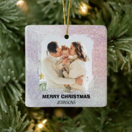 Prettig kerstfeest familie foto roze glittersierad keramisch ornament