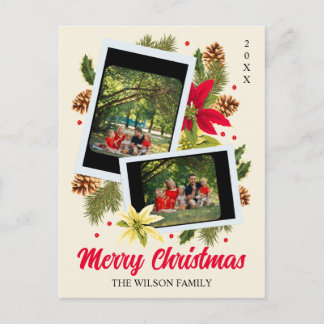 Prettig kerstfeest familie fotocollage rode bloem feestdagenkaart