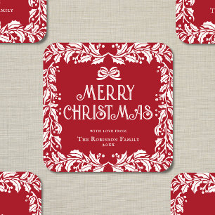 Prettig kerstfeest Familie Rood Wit Guirlande Vierkante Sticker