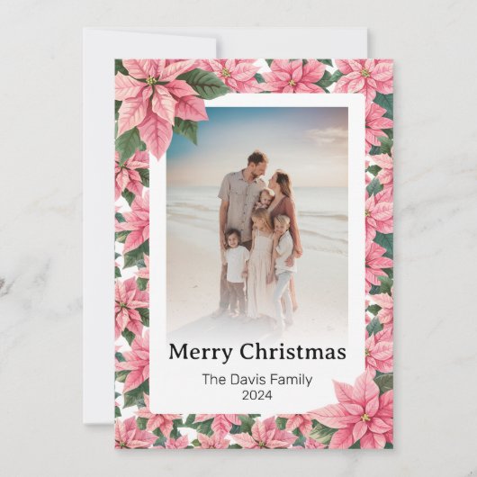 Prettig kerstfeest familiefoto Roze kerstster Feestdagenkaart (Voorkant)