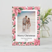 Prettig kerstfeest familiefoto Roze kerstster Feestdagenkaart (Staand voorkant)