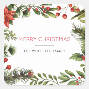 Prettig kerstfeest Familienaam Bessen Groene takke Vierkante Sticker
