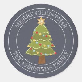 Prettig kerstfeest familienaam kerstboom ronde sticker