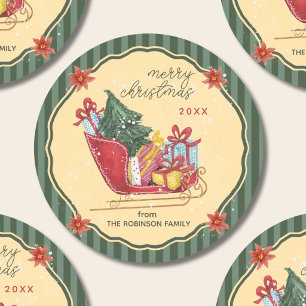 Prettig kerstfeest familienaam slee groene strepen ronde sticker