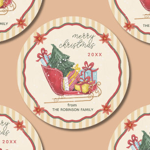 Prettig kerstfeest familienaam slee strepen ronde sticker
