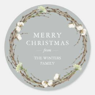 Prettig kerstfeest familienaam wintergroen ronde sticker