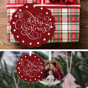 Prettig kerstfeest Fancy Script Foto op maat kleur Ornament Kaart