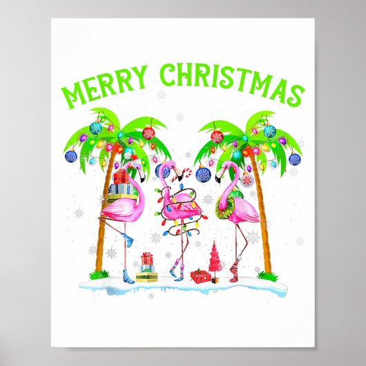 Prettig kerstfeest Flamingo Kerst Palmboom Licht T Poster (Voorkant)