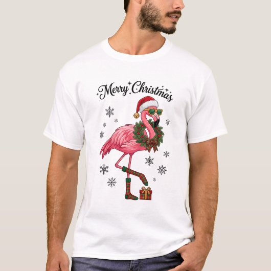 Prettig kerstfeest Flamingo Kerstman Hoed Krans T-shirt (Voorkant)
