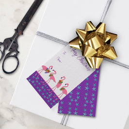 Prettig kerstfeest flamingo's Paars Cadeaulabel