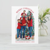 Prettig kerstfeest Foto-boog Sneeuwvlokken Rood Feestdagenkaart (Staand voorkant)