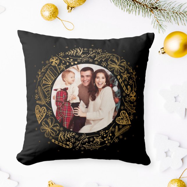 Prettig kerstfeest Foto Gouden krans Kussen (Creator heeft geüpload)