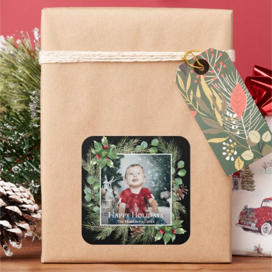 Prettig Kerstfeest Foto Groene Rechthoek Vierkante Sticker (Feestdagen)