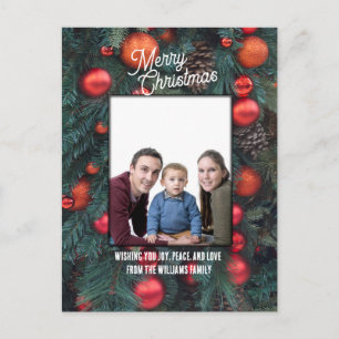 Prettig kerstfeest foto groet rode ornamenten feestdagenkaart