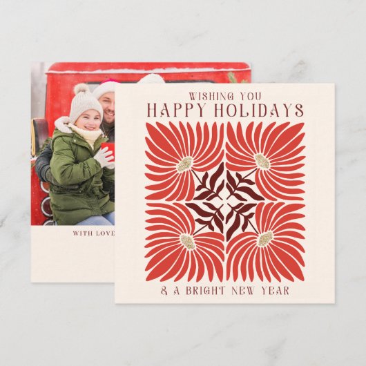 Prettig Kerstfeest Foto Modern Krachtig Rode Bloem Feestdagenkaart (Voorkant / Achterkant)