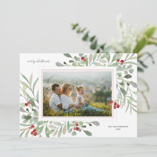 Prettig kerstfeest Foto Winter Loof Rode Bessen Feestdagenkaart (Staand voorkant)