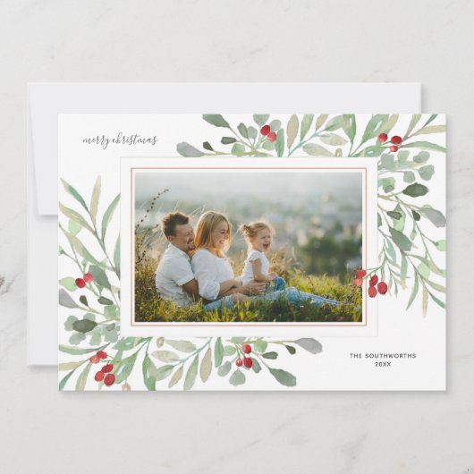 Prettig kerstfeest Foto Winterloof rode bessen Feestdagenkaart (Voorkant)