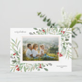 Prettig kerstfeest foto Winterloof rode bessen Feestdagenkaart (Staand voorkant)