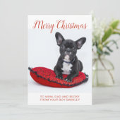 Prettig kerstfeest Franse Bulldog op kussen voor f Feestdagenkaart (Staand voorkant)