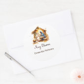 Prettig kerstfeest geboorte gepersonaliseerd ronde sticker (Envelop)