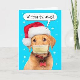 Prettig kerstfeest gedempte pratende puppy in mond feestdagen kaart