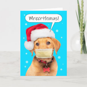 Prettig kerstfeest gedempte pratende puppy in mond feestdagen kaart