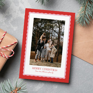 Prettig kerstfeest gegolfd frame roze rood foto feestdagenkaart