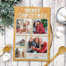Prettig kerstfeest Gele Doodles 5 Foto Familie Cad Theedoek