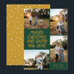 Prettig kerstfeest Gelukkig nieuwjaar 4 fotocollag Feestdagenkaart<br><div class="desc">Deze stijlvolle kerstkaart met 4 foto's bevat een handgeschreven groet en een fotocollage. De achterkant bevat een zwevend puntpatroon. Alle kleuren zijn aanpasbaar.</div>