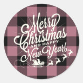 Prettig kerstfeest Gelukkig nieuwjaar Paarse Check Ronde Sticker (Voorkant)