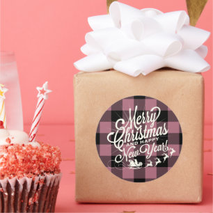 Prettig kerstfeest Gelukkig Nieuwjaar Paarse Check Ronde Sticker