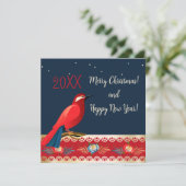 Prettig kerstfeest Gelukkig Nieuwjaar! Rode Vogel  Feestdagenkaart (Staand voorkant)
