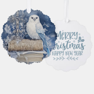 Prettig kerstfeest Gelukkig nieuwjaar Witte Uil Ornament Kaart