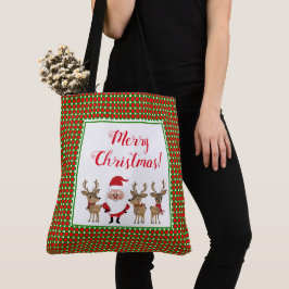Prettig kerstfeest geruit rood groen kerstman tote bag