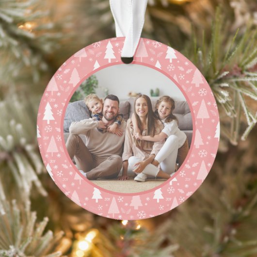 Prettig kerstfeest gezinsfoto roze ornament (Boom)