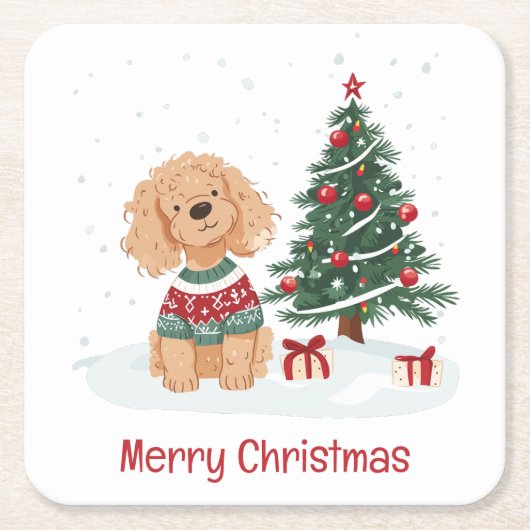 Prettig kerstfeest Goldendoodle hond Kartonnen Onderzetters (Voorkant)