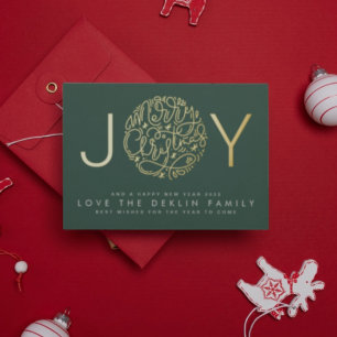 Prettig kerstfeest Goud JOY foto achterkant Groene Folie Feestdagenkaart