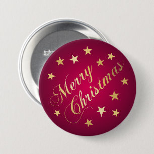 Prettig kerstfeest Goud Tinten Sterren Bourgondië Ronde Button 7,6 Cm