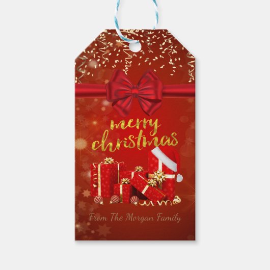Prettig kerstfeest, gouden confetti, rode strik, c cadeaulabel (Voorkant)