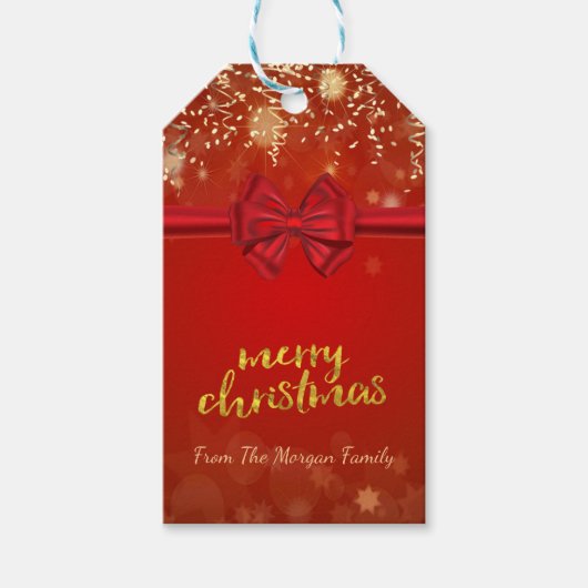 Prettig kerstfeest, gouden confetti, rode strik cadeaulabel (Voorkant)