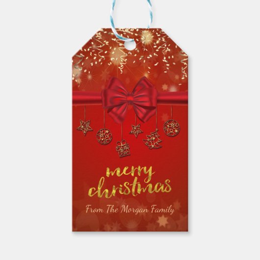 Prettig kerstfeest,Gouden confetti,Rode strik,Orna Cadeaulabel (Voorkant)