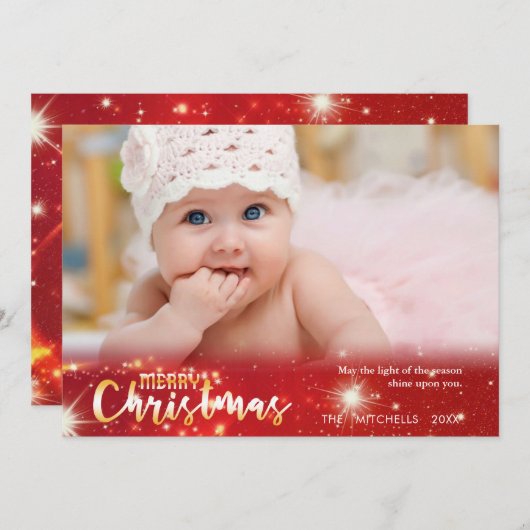 Prettig kerstfeest, gouden en witte lichten op roo feestdagenkaart (Voorkant / Achterkant)