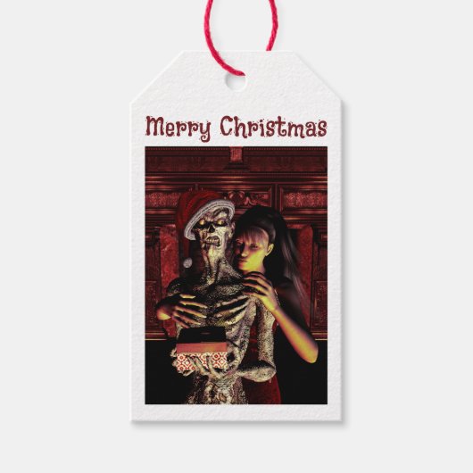 Prettig kerstfeest. Grappig skelet met vrouw Cadeaulabel (Voorkant)