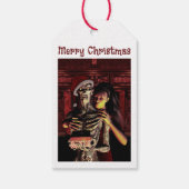 Prettig kerstfeest. Grappig skelet met vrouw Cadeaulabel (Achterkant)